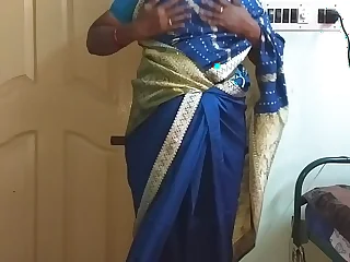 des indian horny cheating tamil telugu kannada malayalam hindi wife vanitha wearing blue colour saree  akin to heavy boobs and shaved pussy press hard boobs press nip rubbing pussy masturbation